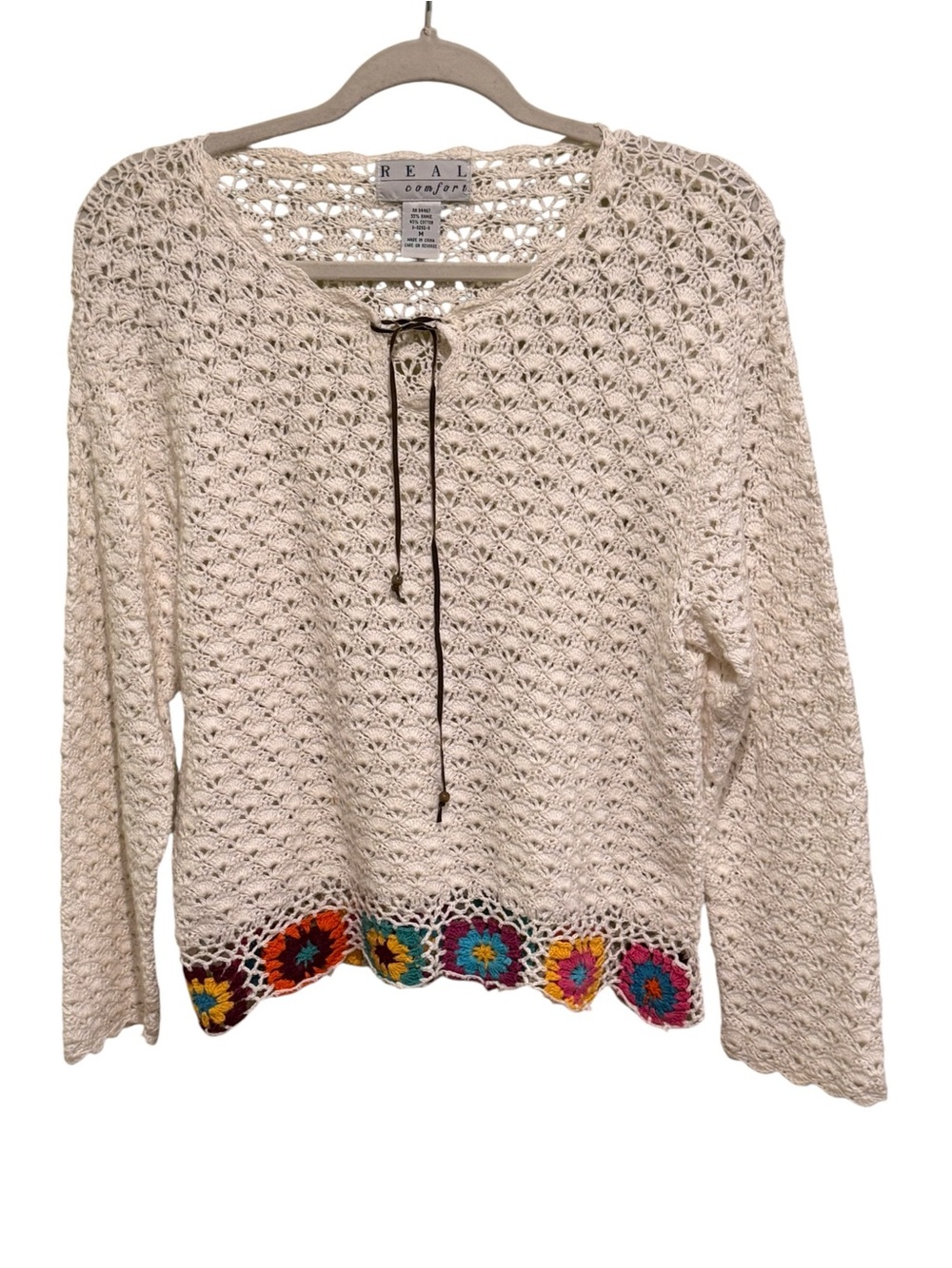 NWOT REAL Comfort Cream Crochet Sweater with Colorful Crochet Square Hem - M